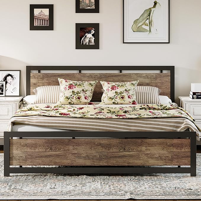 King Bed Frame with Headboard and Footboard, Metal Strong Supports