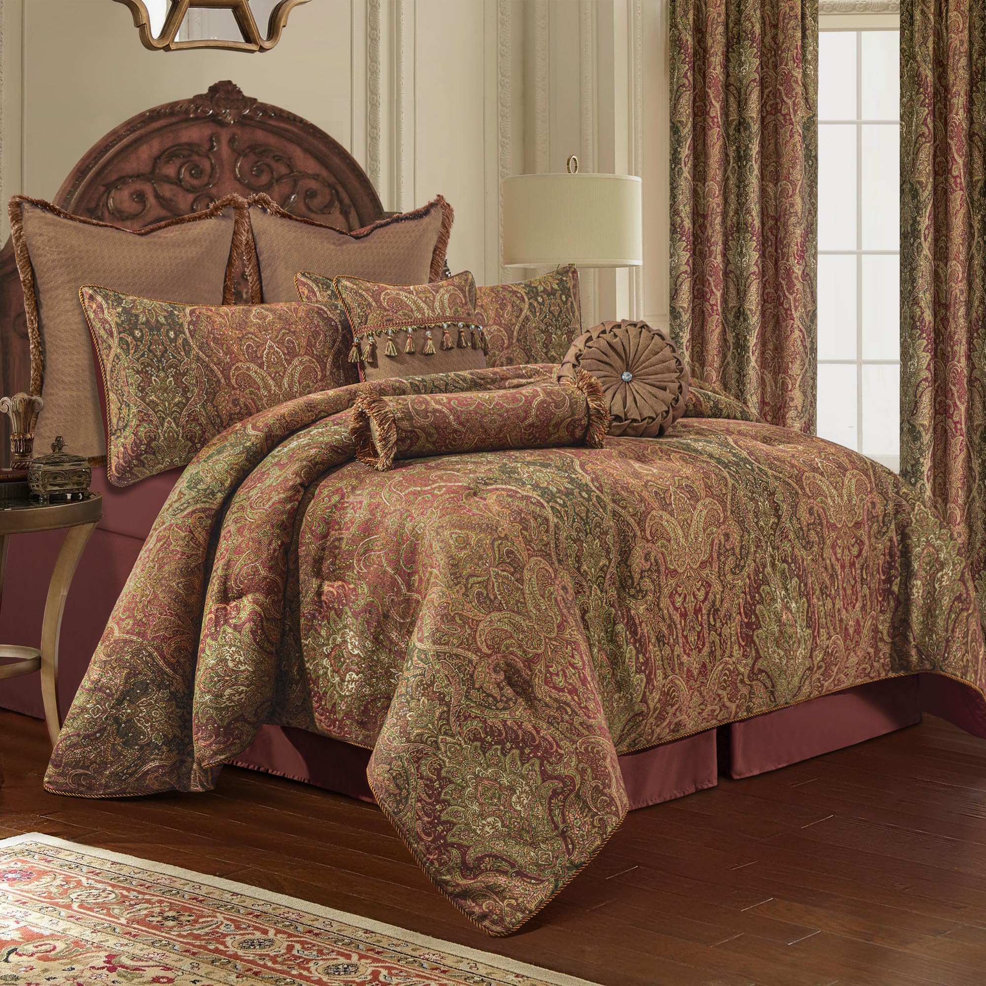 9-Piece Vintage Jacquard Comforter Sets, Gradient Red Traditional Damask Comforter Queen Set