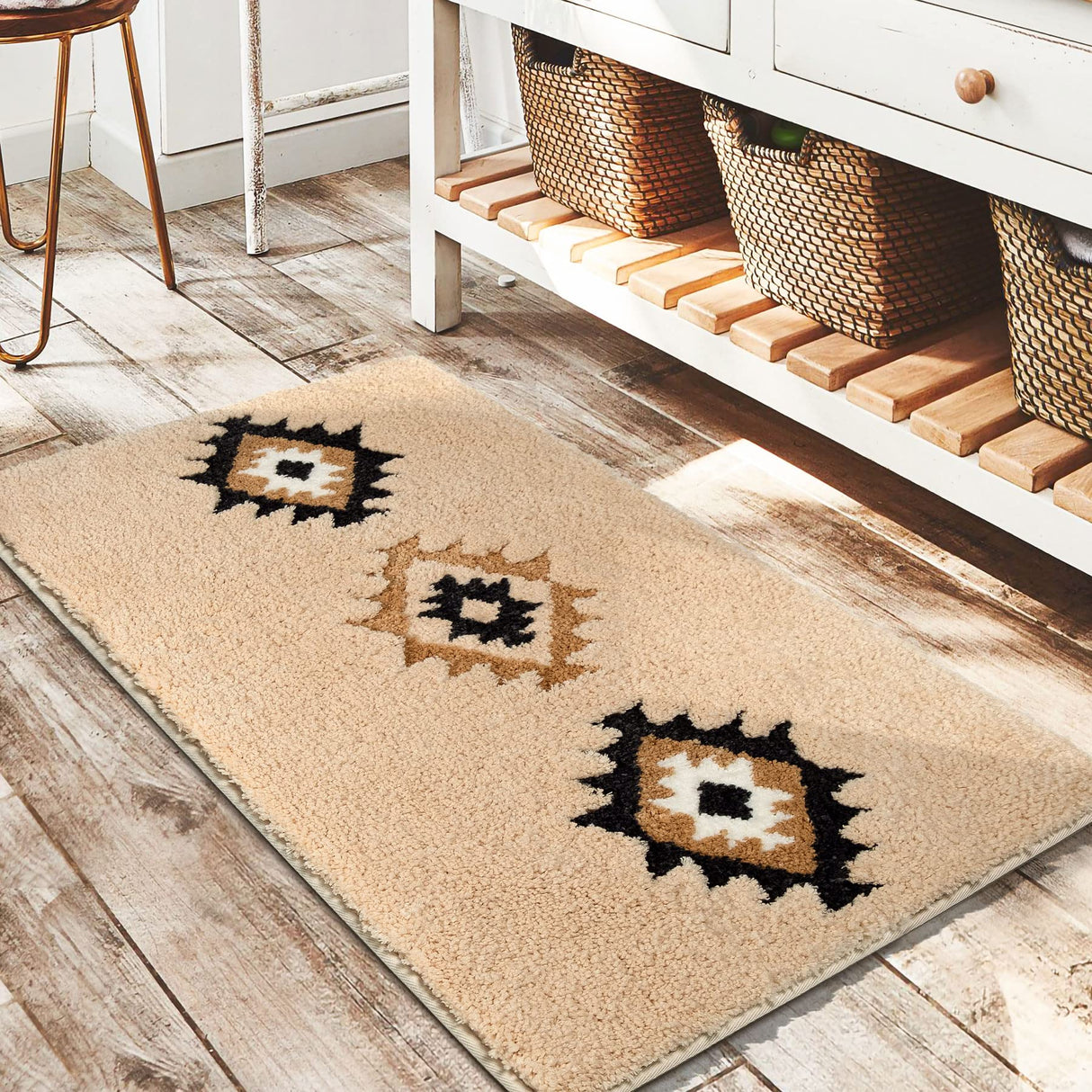 Boho Bathroom Rugs Cream Beige Bath Mat Non Slip Moroccan Geometric