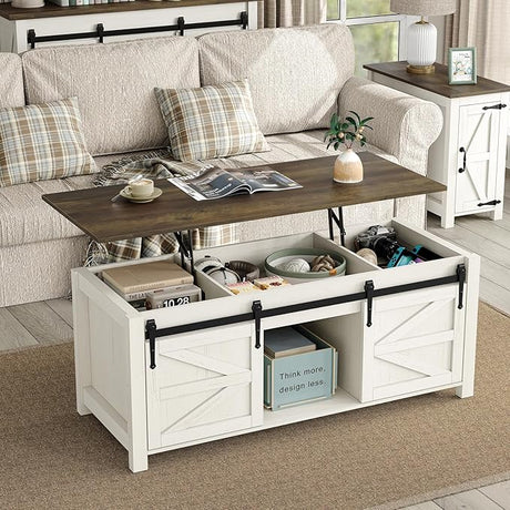 47.3''Lift Top Coffee Table, Farmhouse Center Table with Large Storage & Sliding Barn Door