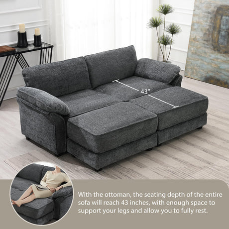 Deep Seat Sectional Sofa with 2 Ottoman, 81" Chenille Large Loveseat Sofa Sleeper