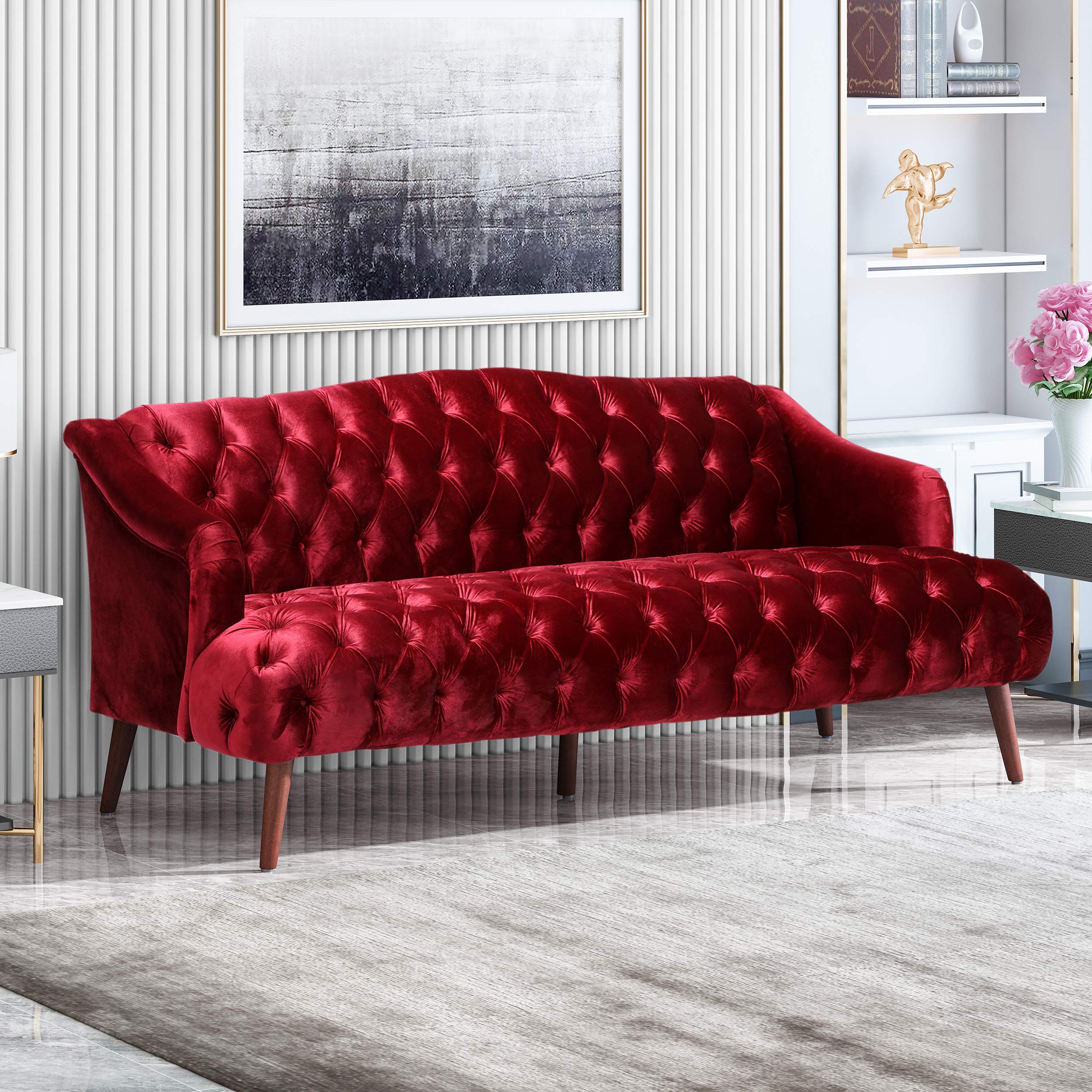 Esther Modern Glam Tufted Velvet 3 Seater Sofa, Wine and Walnut