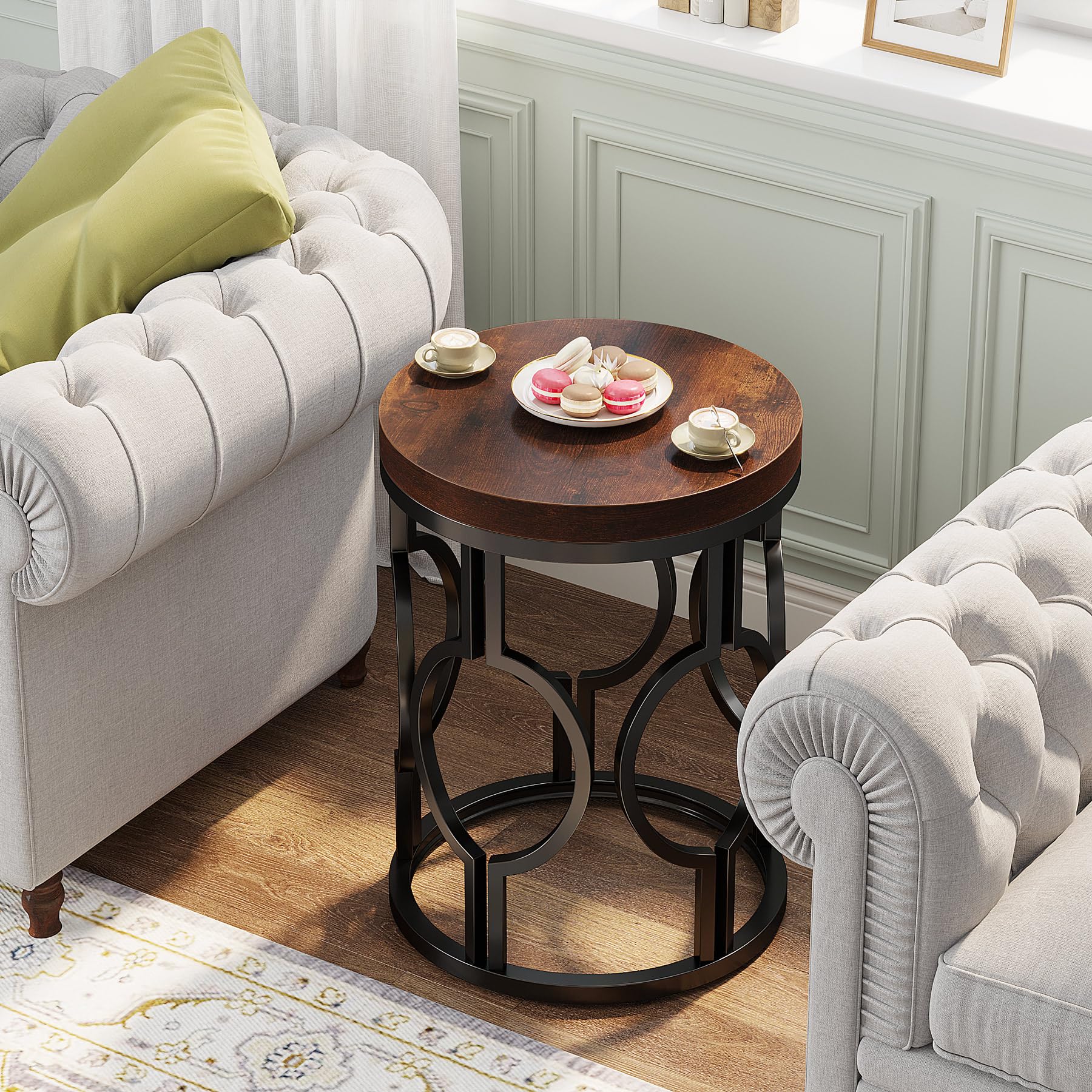 Round End Table, Industrial SideTable with Metal Hollow Frame