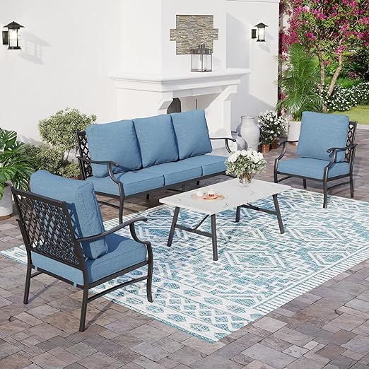 Patio Furniture Set, 4 Piece Modern Metal Outdoor Patio Furniture, 3 Seater Couch