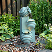 30" Tall Aqua Blue Outdoor Water Fountain with LED Lights, Cascading Resin Garden