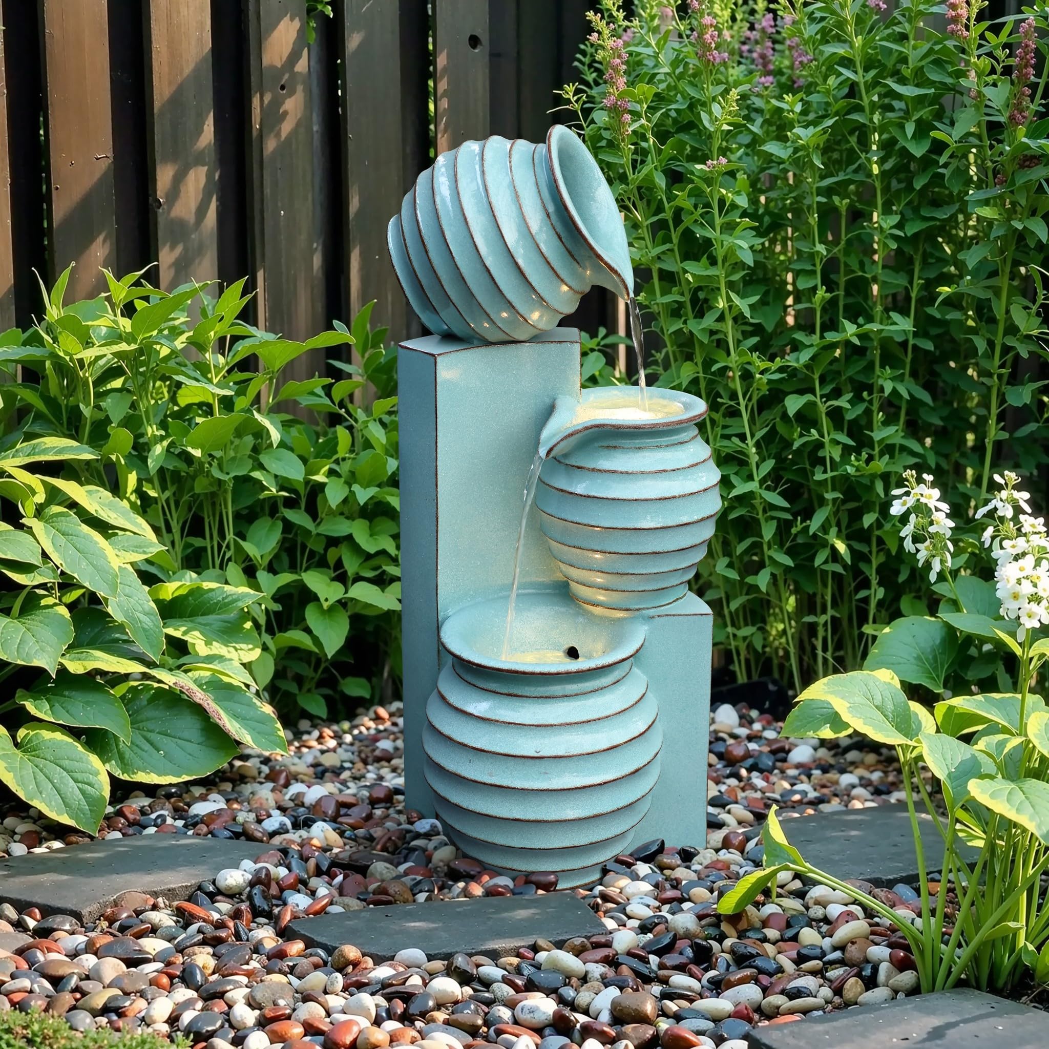30" Tall Aqua Blue Outdoor Water Fountain with LED Lights, Cascading Resin Garden