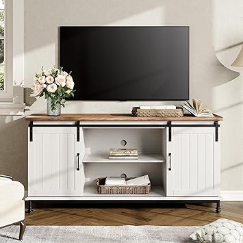 70'' Farmhouse TV Stand for 75 Inch TV, White Entertainment Center with Sliding Barn