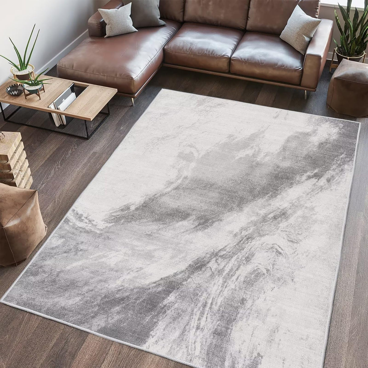 Vamcheer Washable Abstract Area Rug - Contemporary Style for Living Room, Bedroom, Kitchen - Machine Washable Rug for Living Room - Non-Shedding and Easy-Cleaning - Grey-White 6x9 ft