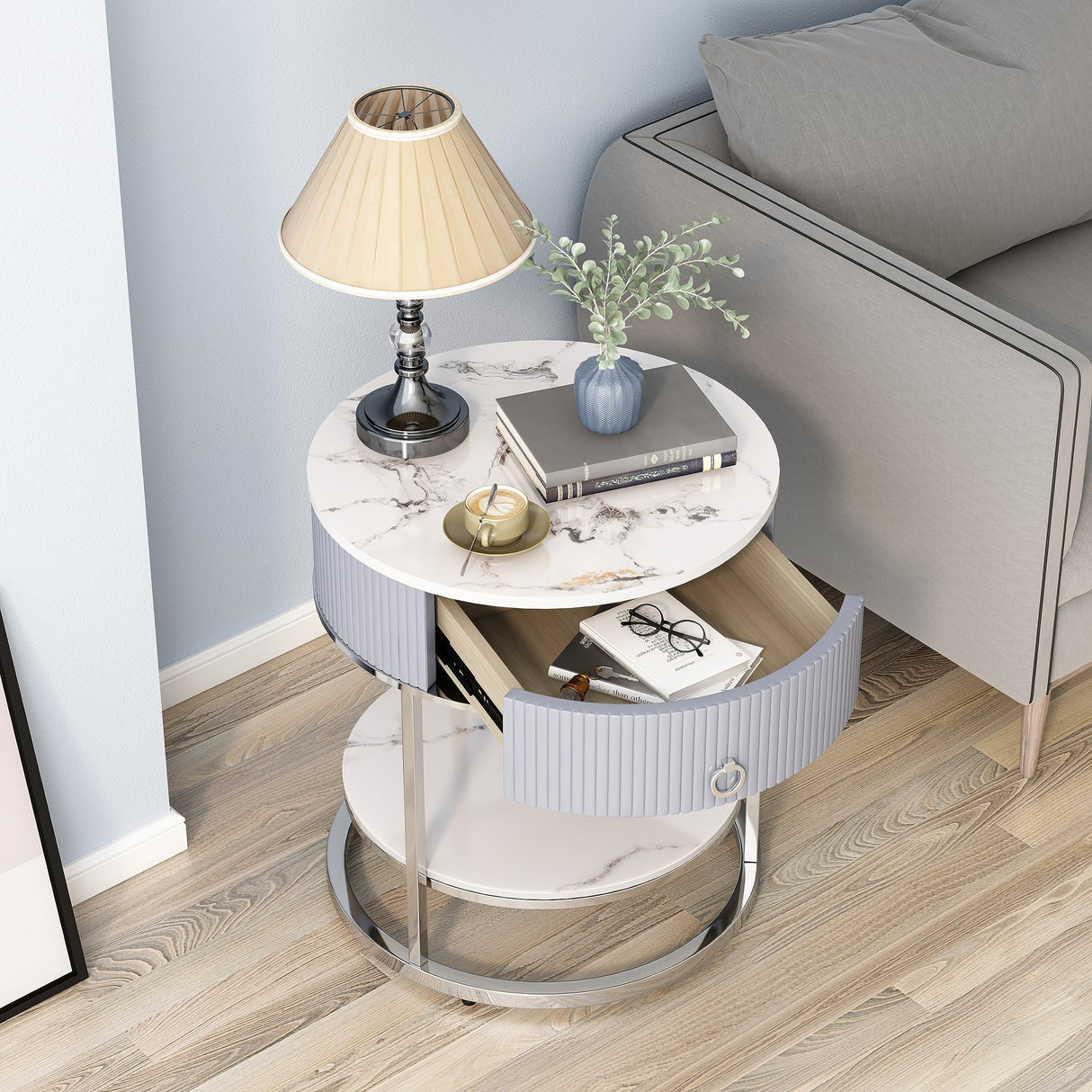 Modern End Table with Drawer, 2 Tier Side Table with Shelf, Round Nightstand