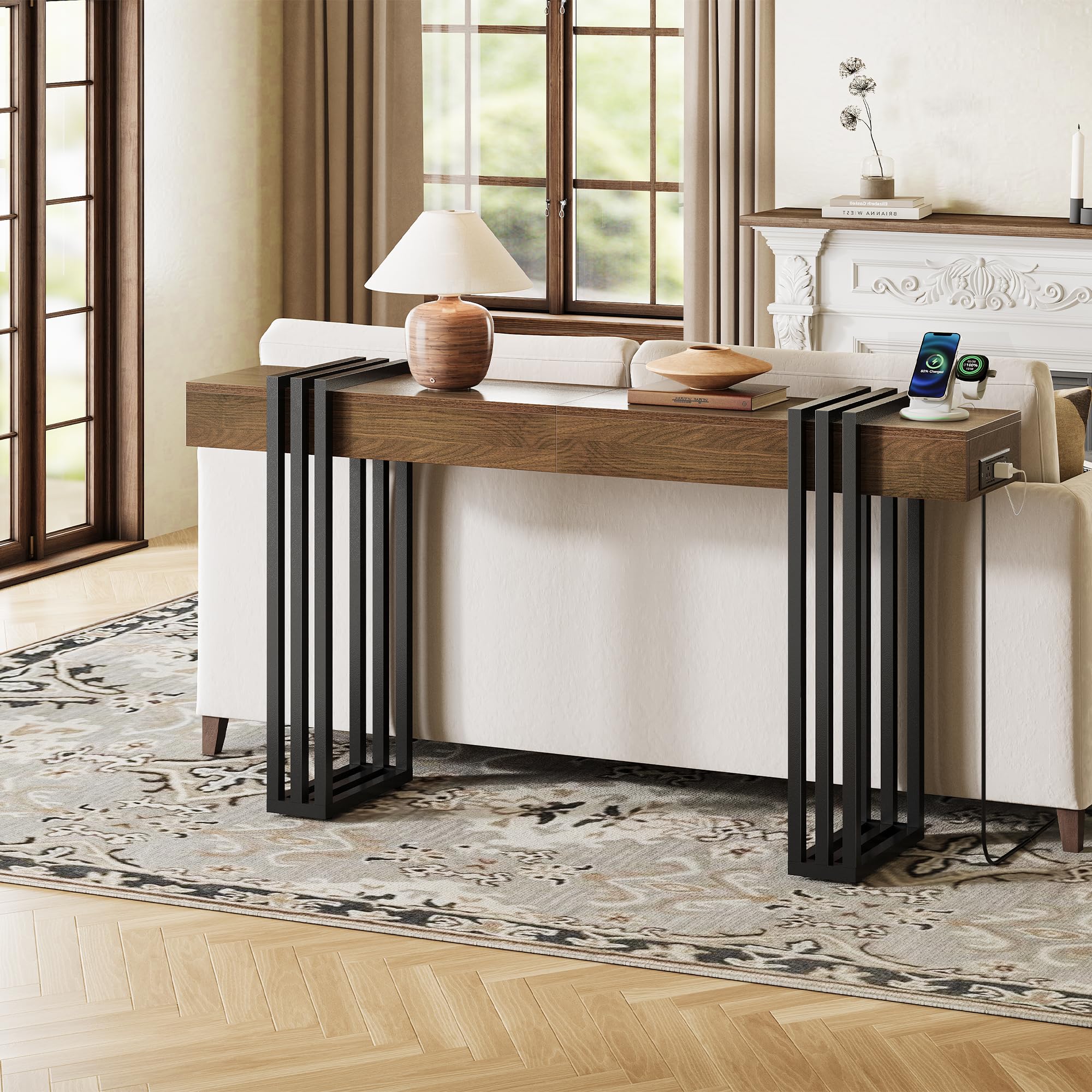 63" Console Table with Power Outlet - Walnut Wood Entryway Table