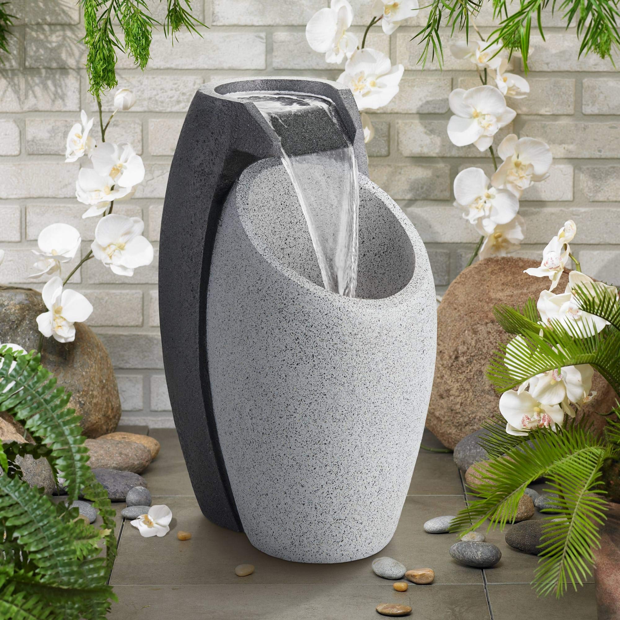 Waterfall Modern Outdoor Floor Water Fountain with LED Light Plug-in Gray Black