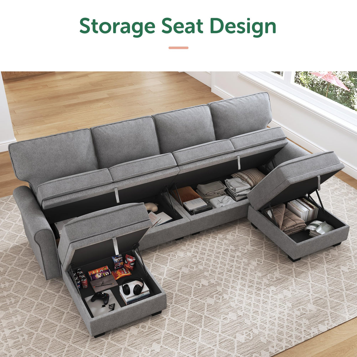 Convertible Sectional Sofa with Storage Seat 6 Seat Sofa with Reversible Chaise U Shaped