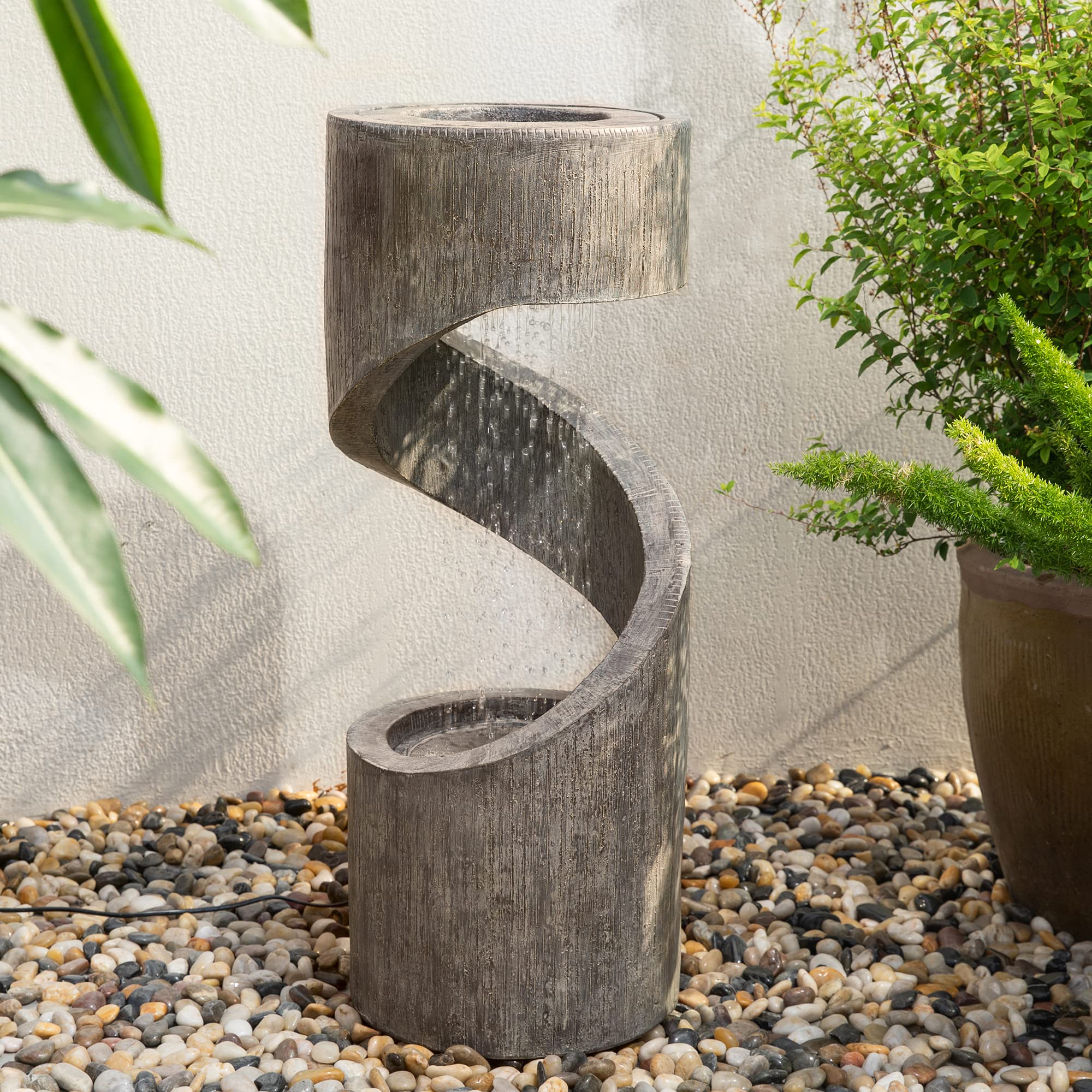 Tiered Outdoor Water Fountain with LED Light, Curved Outdoor Fountain Waterfal