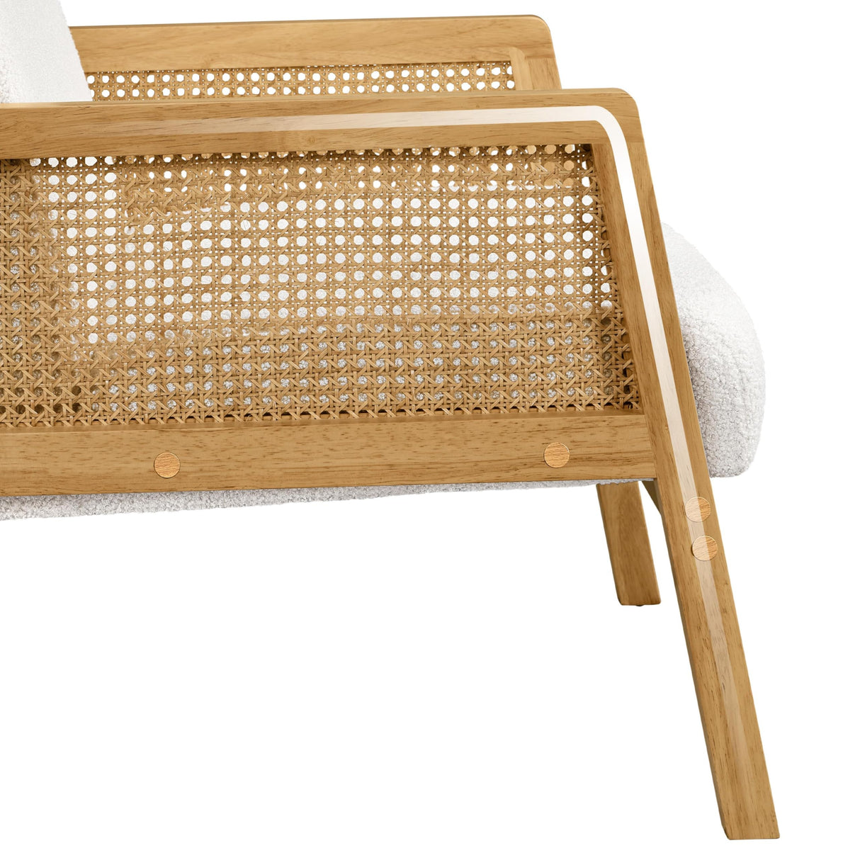 Boucle Fabric Accent Chair, Vintage Rattan Vanity Chair with Wood Armrest and Legs