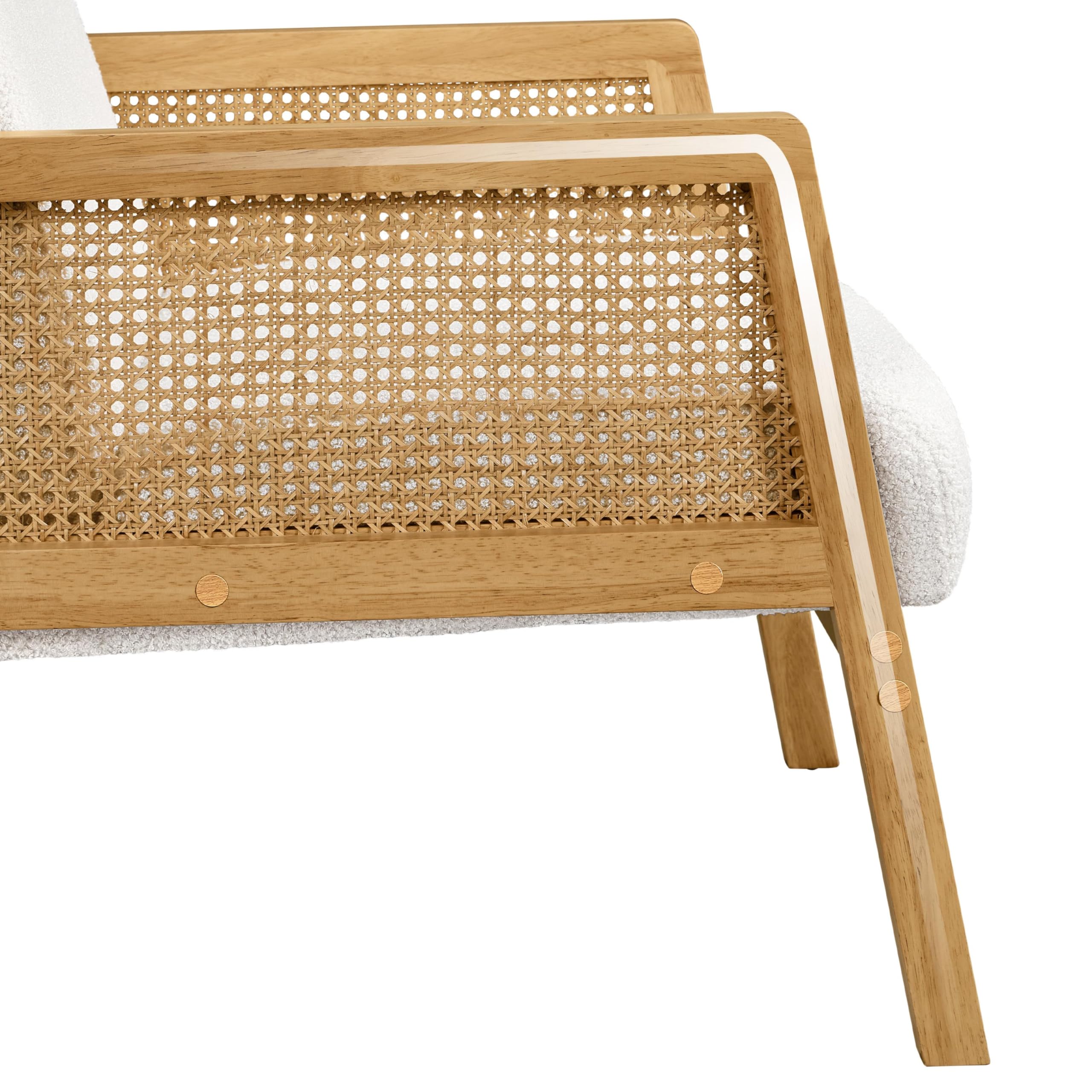 Boucle Fabric Accent Chair, Vintage Rattan Vanity Chair with Wood Armrest and Legs