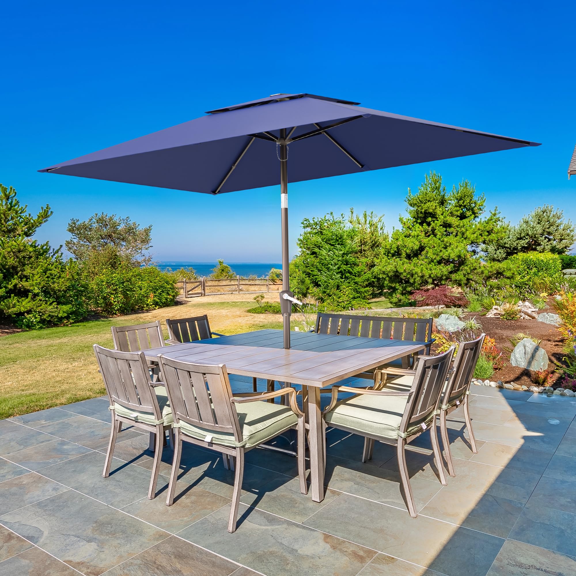 6.6x10ft Rectangular Patio Umbrella, 2 Tiers Outdoor Table Umbrellas with Push Button