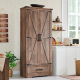 JXQTLINGMU Farmhouse Kitchen Pantry Cabinet - 72" Tall Wood Kitchen Storage Cabinets with Adjustable Shelves & 2 Barn Doors & Drawer, Versatile Storage for Dining Room, Bathroom, Rustic Brown