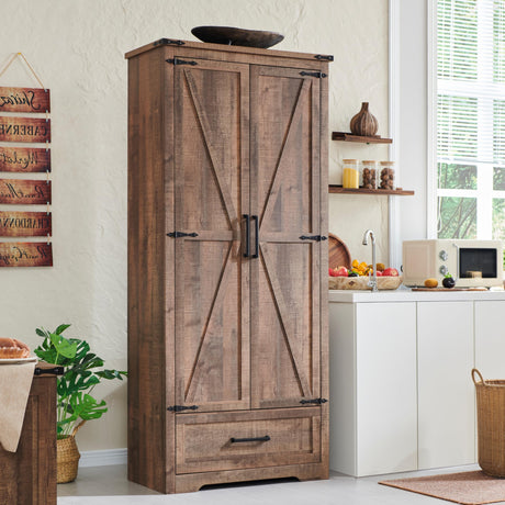 JXQTLINGMU Farmhouse Kitchen Pantry Cabinet - 72" Tall Wood Kitchen Storage Cabinets with Adjustable Shelves & 2 Barn Doors & Drawer, Versatile Storage for Dining Room, Bathroom, Rustic Brown