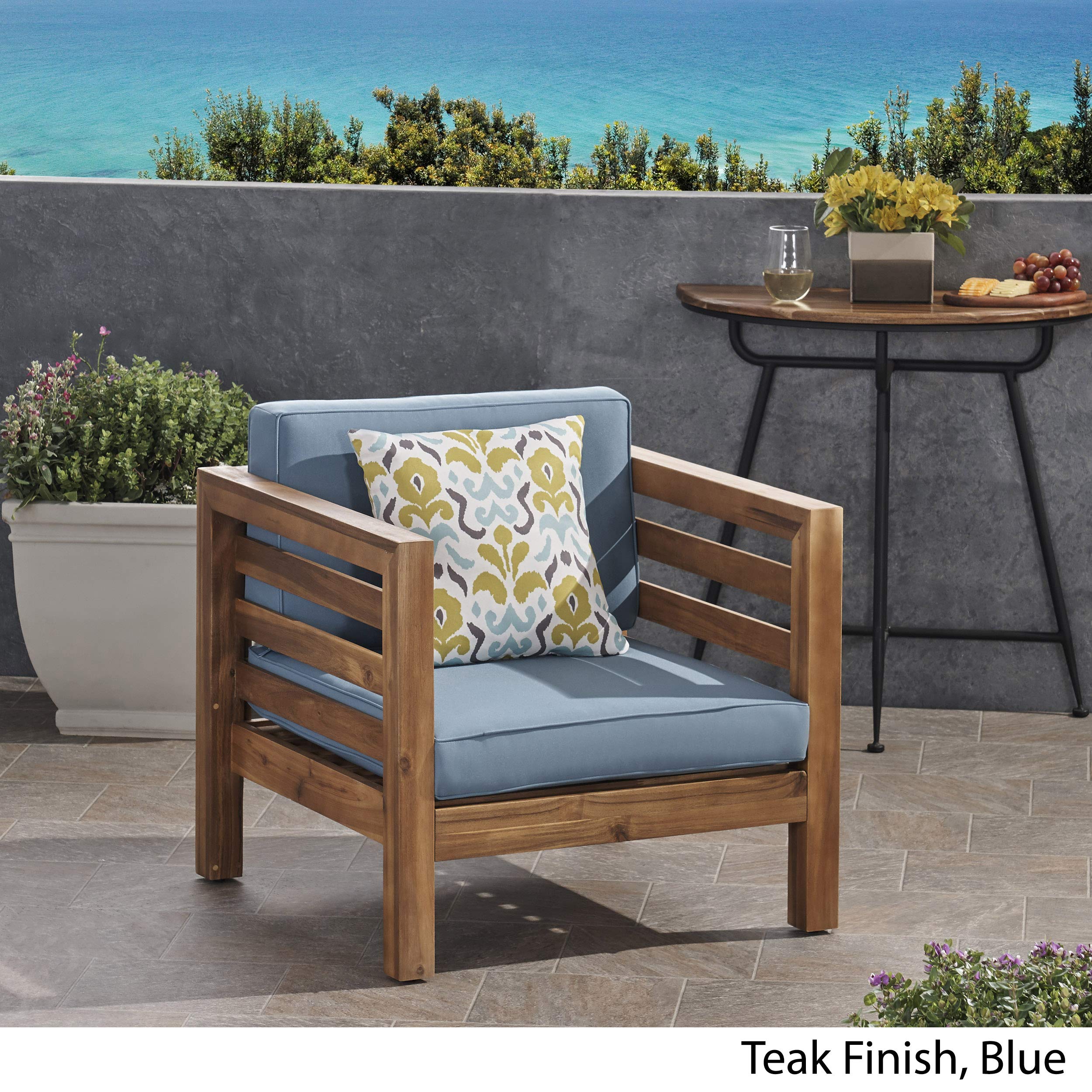 308364 Patio Dining Chairs, Teak Finish + Blue