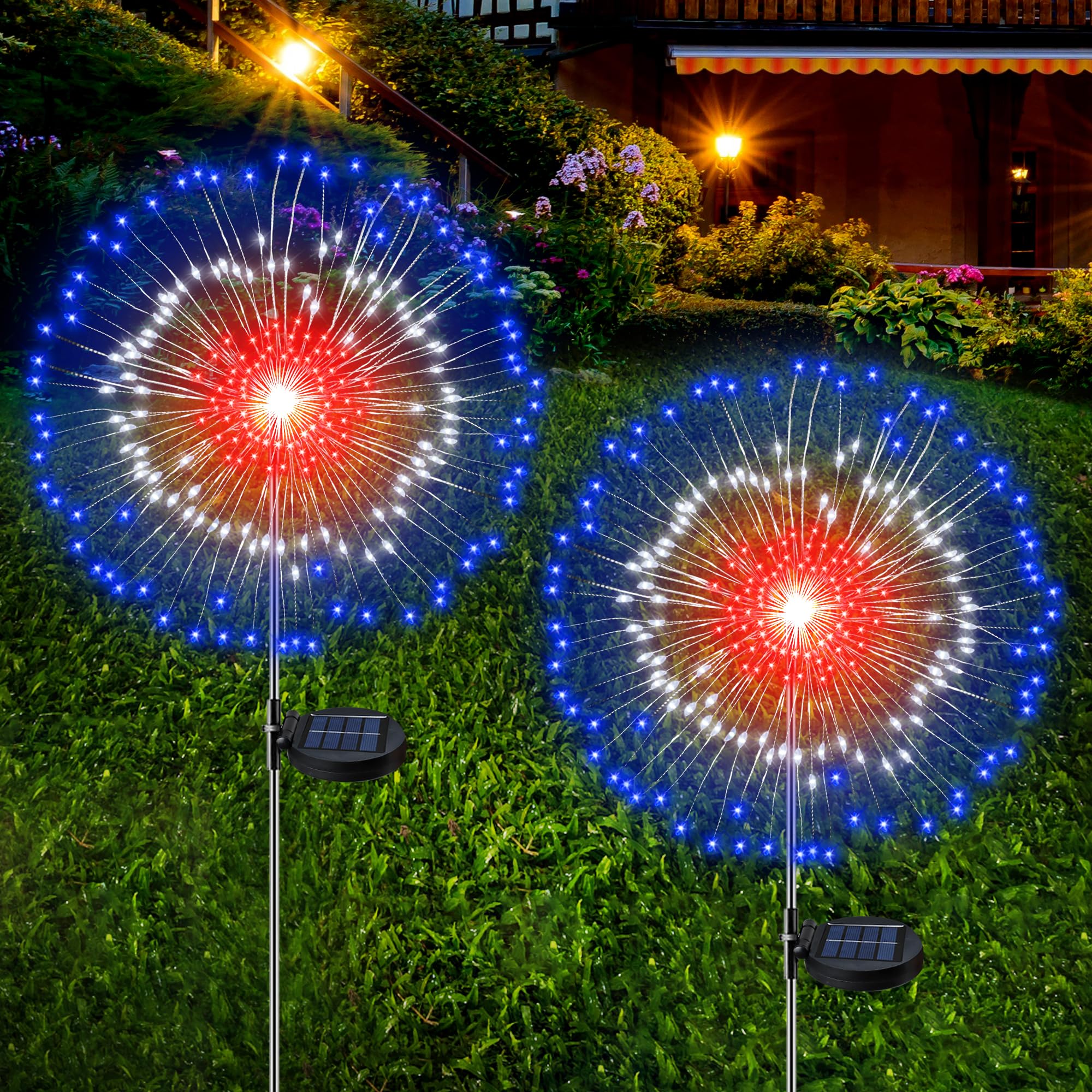 4th of July Decorations Outdoor Solar Lights, 2 Pack Solar Powered Firework Lights