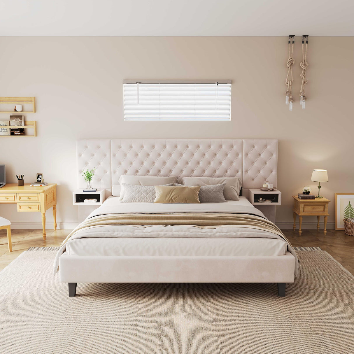 Queen Size Platform Bed with Headboard, Modern Velvet Upholstered