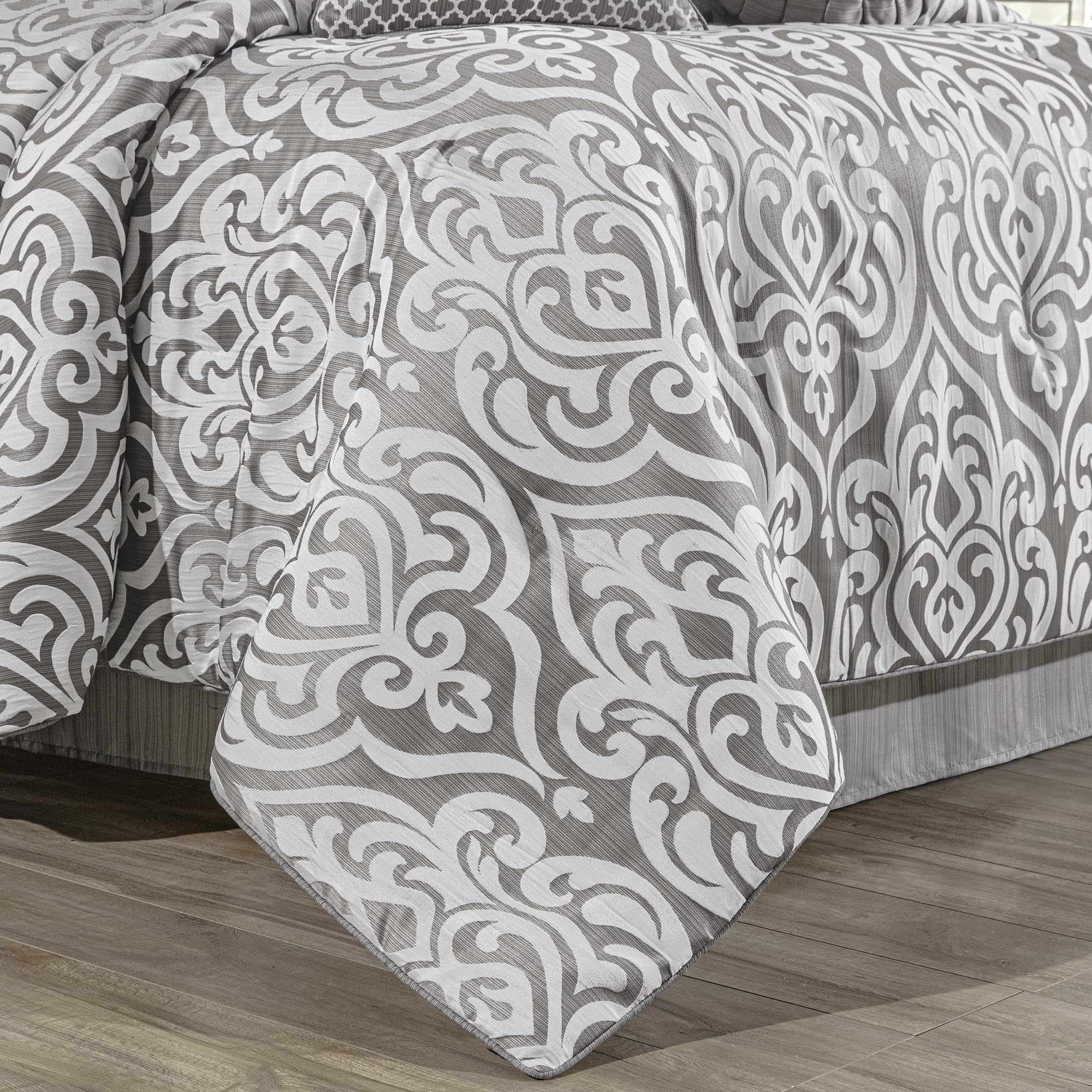 9-Piece Jacquard Damask Comforter Set - Queen Size Silver Gray