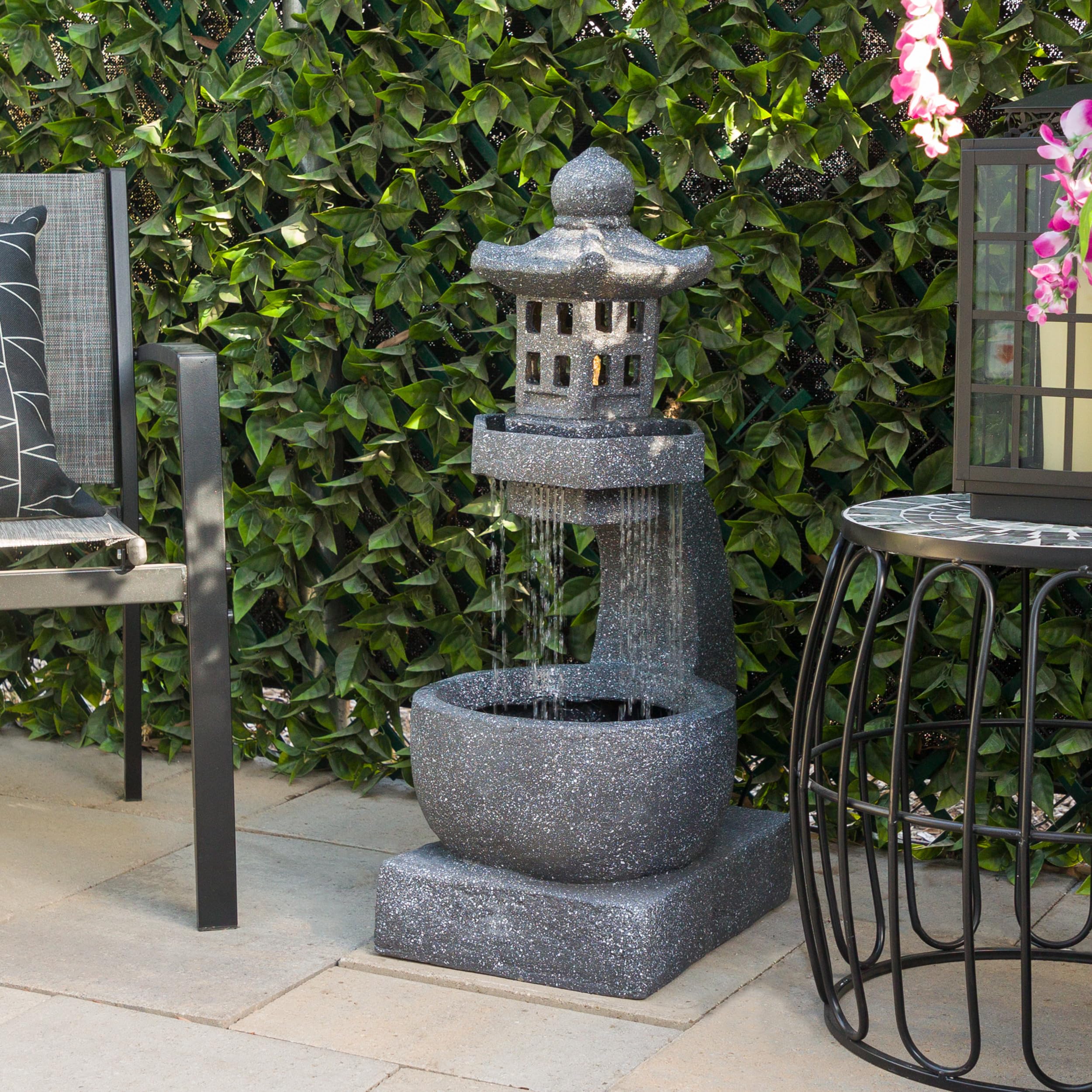 DIG370 31" Outdoor Zen Pagoda Water Fountain with LED Lights & Illuminated Stone Bowl
