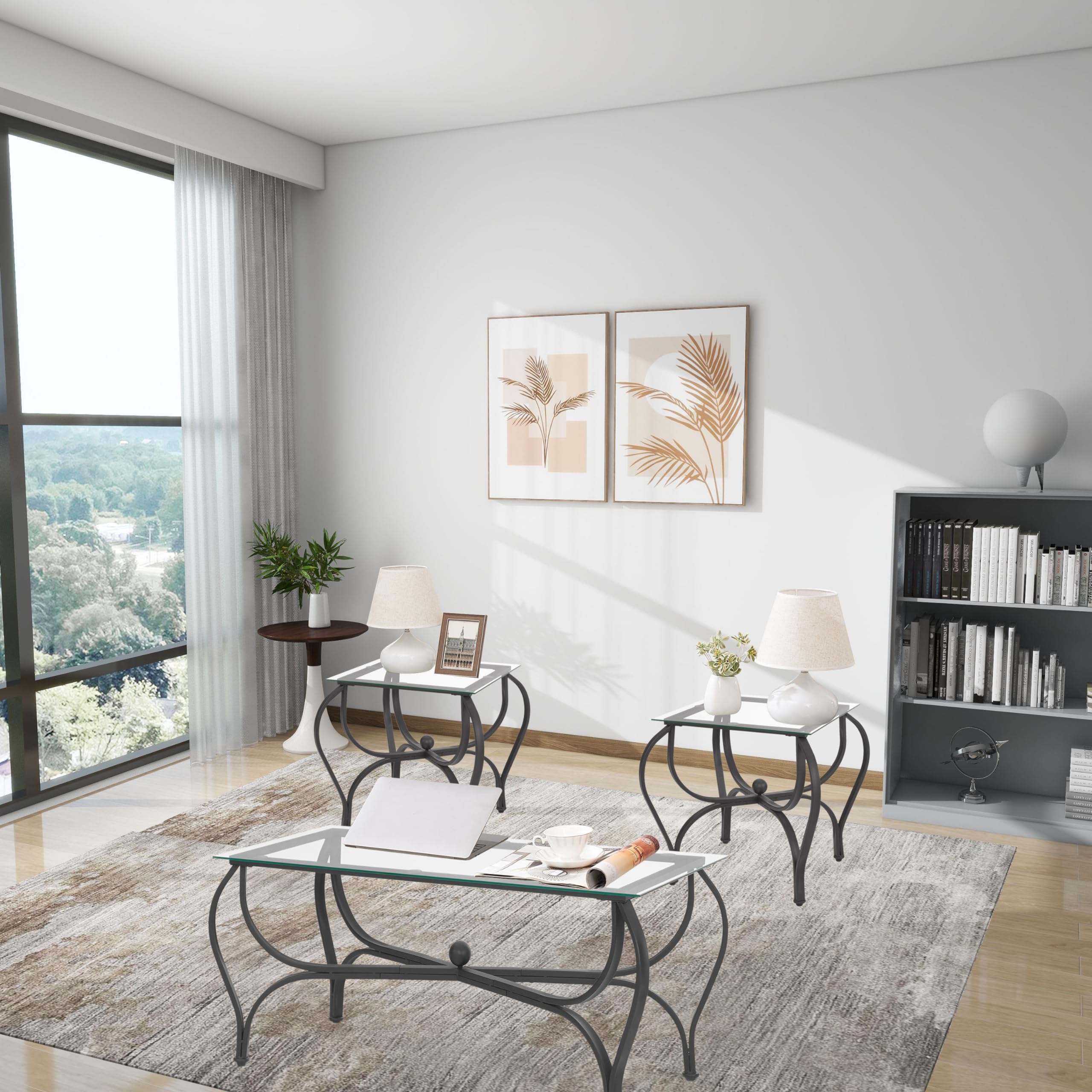 3-Piece Coffee Table Set, Tempered Glass Surface Living Room Sets