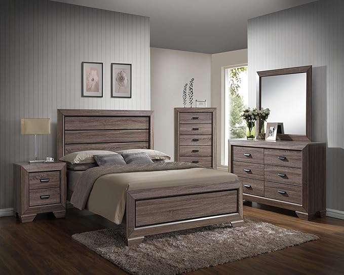 6-Piece Black/Brown Modern King Size Bedroom Furniture Set, Bed, Dresser, Mirror,