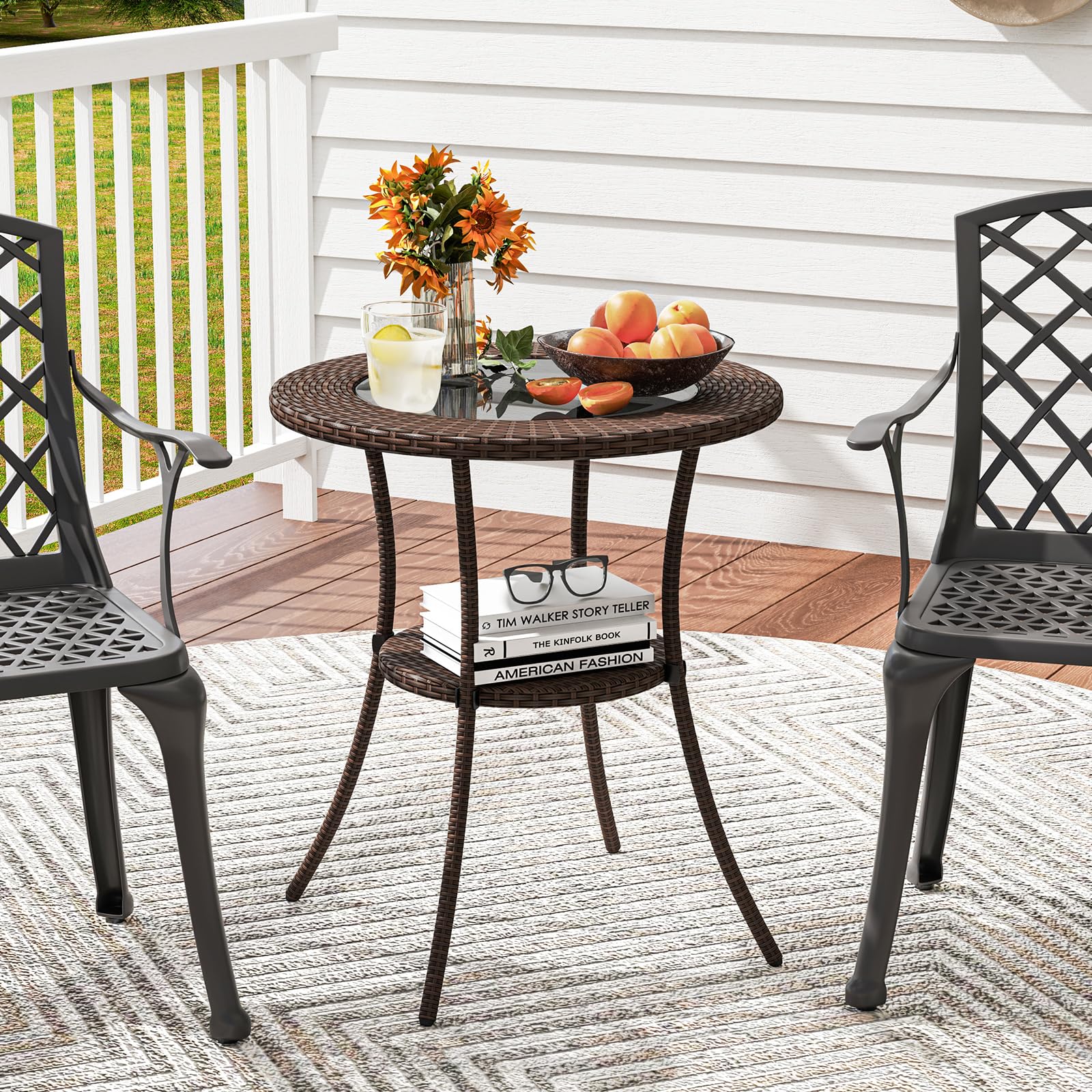 25.5" Wicker Patio Dining Table, Outdoor Round Bistro Side Table