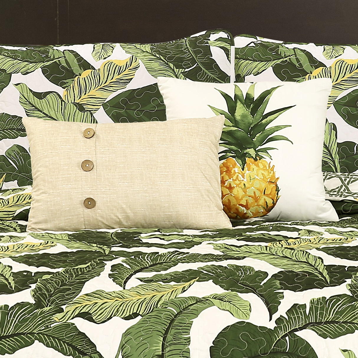 16T002392 Green Tropical Paradise Quilt-Leaf Palm Rainforest Reversible 5 Piece Bedding
