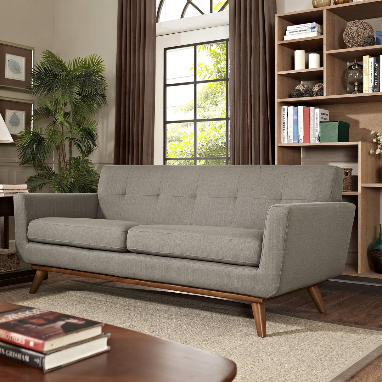 Modway Engage Mid-Century Modern Upholstered Fabric Loveseat in Granite