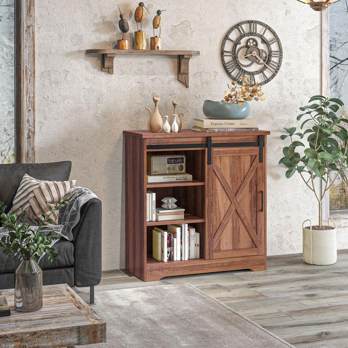 Farmhouse Coffee Bar Cabinet, 33" Buffet Sideboard with Sliding Barn Door and Adjustable Shelf, Kitchen Buffet Cabinet, Brown