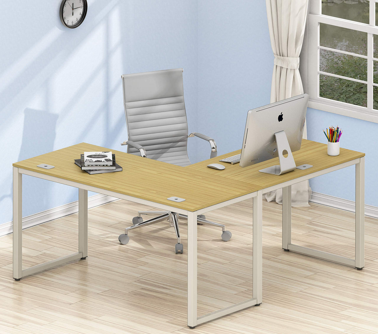 Vista Key Double Ped Desk, L: 55.24" x W: 20.2" x H: 30.12", Blaze Acacia Finish