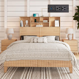 -Century Fluted Panel Queen Bed Frame with 55.5" Tall Storage Headboard and Charging