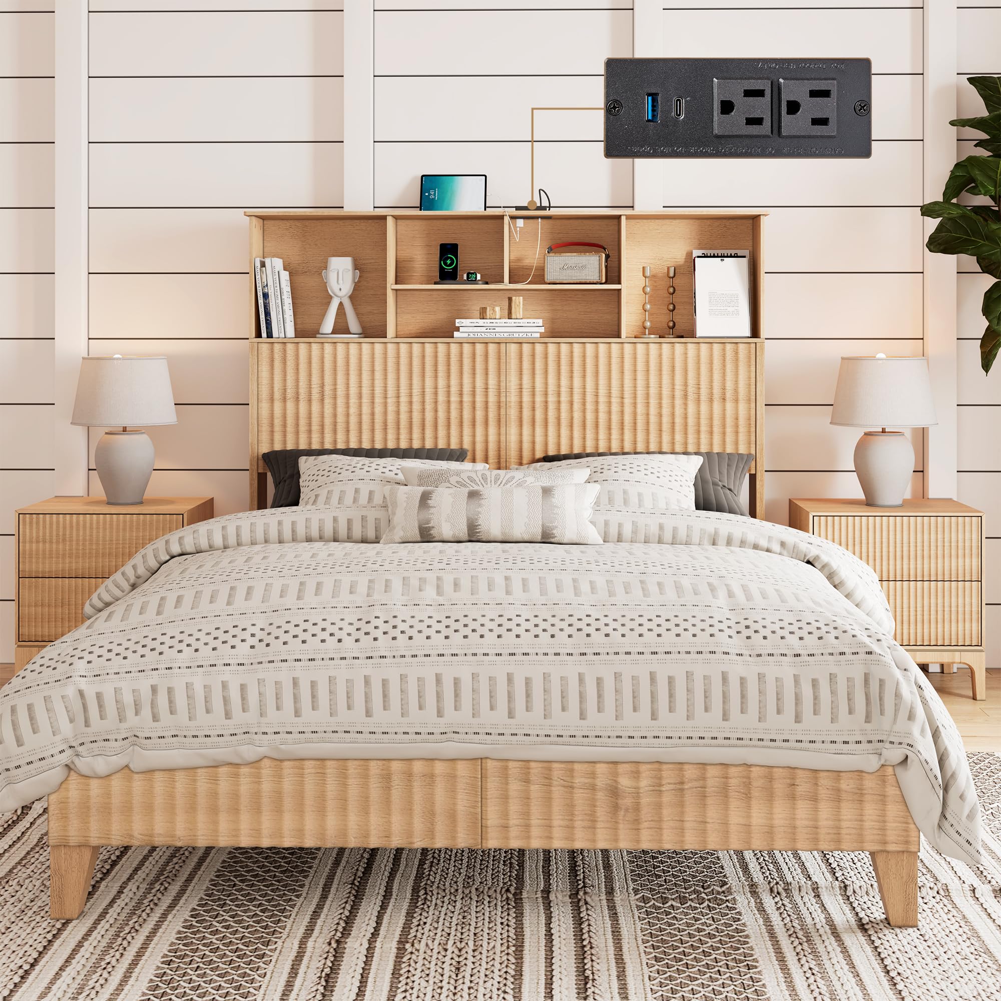 Century Fluted Panel Queen Bed Frame with 55.5" Tall Storage Headboard