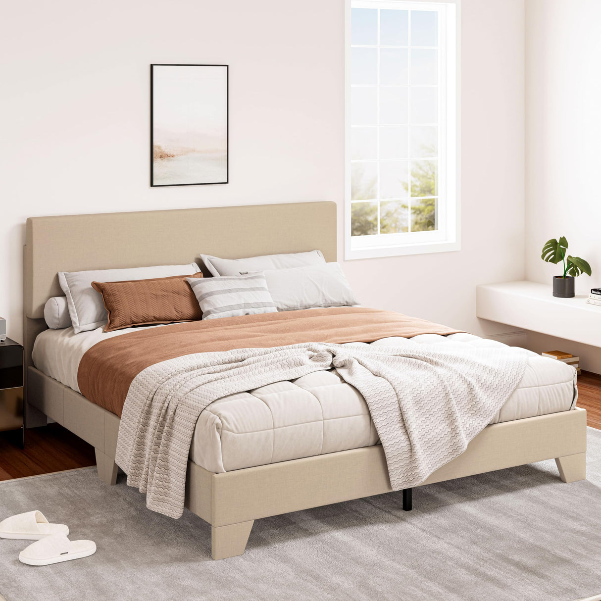 Upholstered Queen Size Bed Frame with Adjustable Headboard