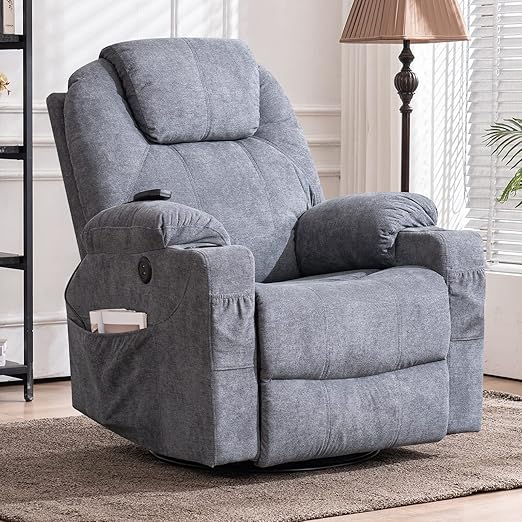 MeetWarm Swivel Massage Recliner – Bronzing Suede, Heat, USB, Cup Holders