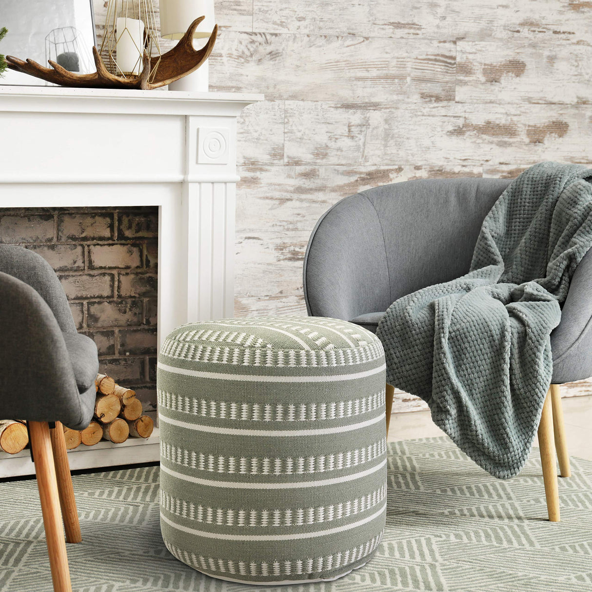 Dash and Stripe Geometric Indoor Outdoor Pouf, Green/White, 20" x 20" x 20"