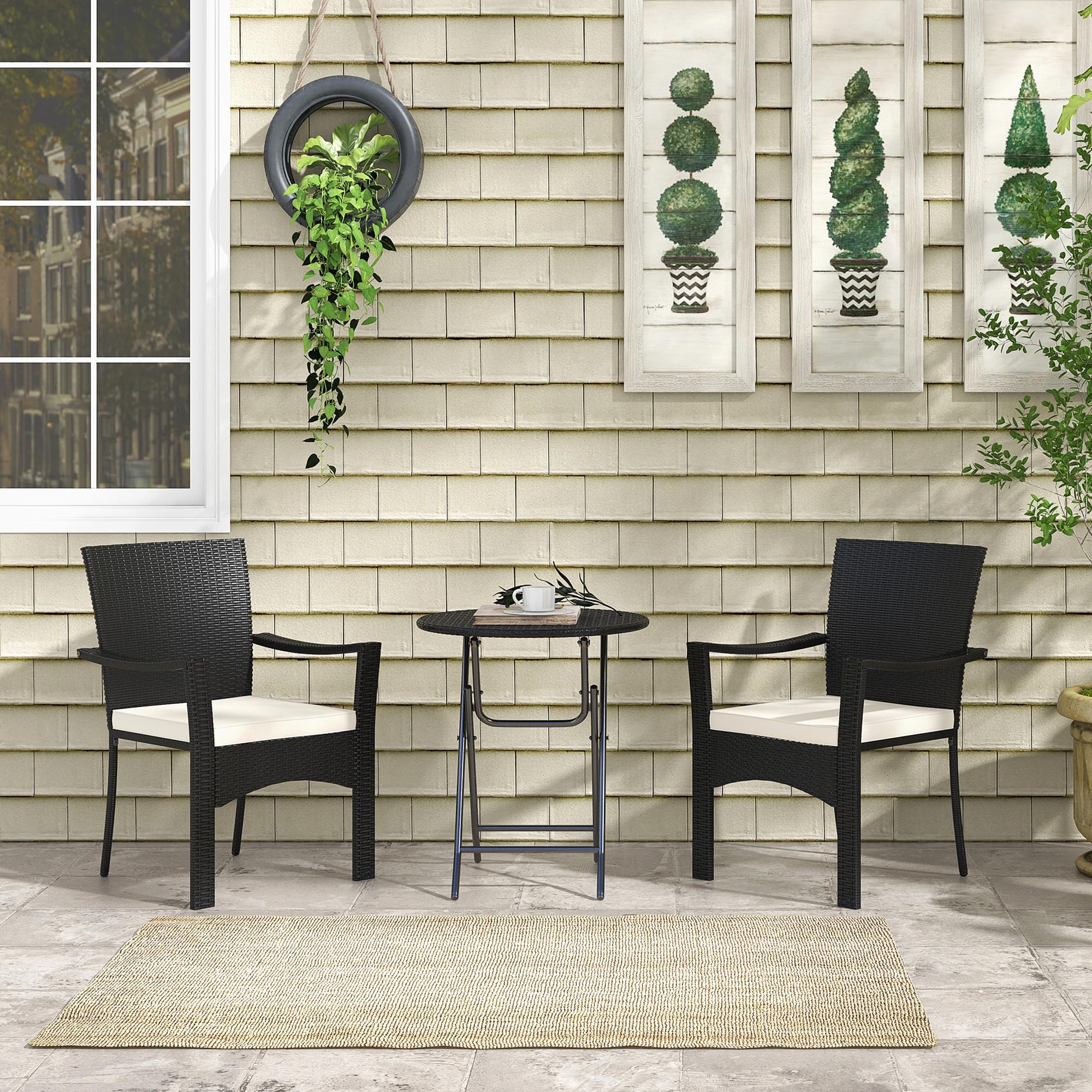 Outsunny 3 Pieces Wicker Outdoor Bistro Set, Rattan Patio Furniture Set with Folding Coffee Table, Porch Chairs with Cushions for Backyard, Balcony, Garden, White