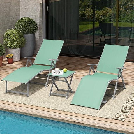 3PCS Outdoor Chaise Lounge & Table Set, Textiline Folding Chaise with Side Table,