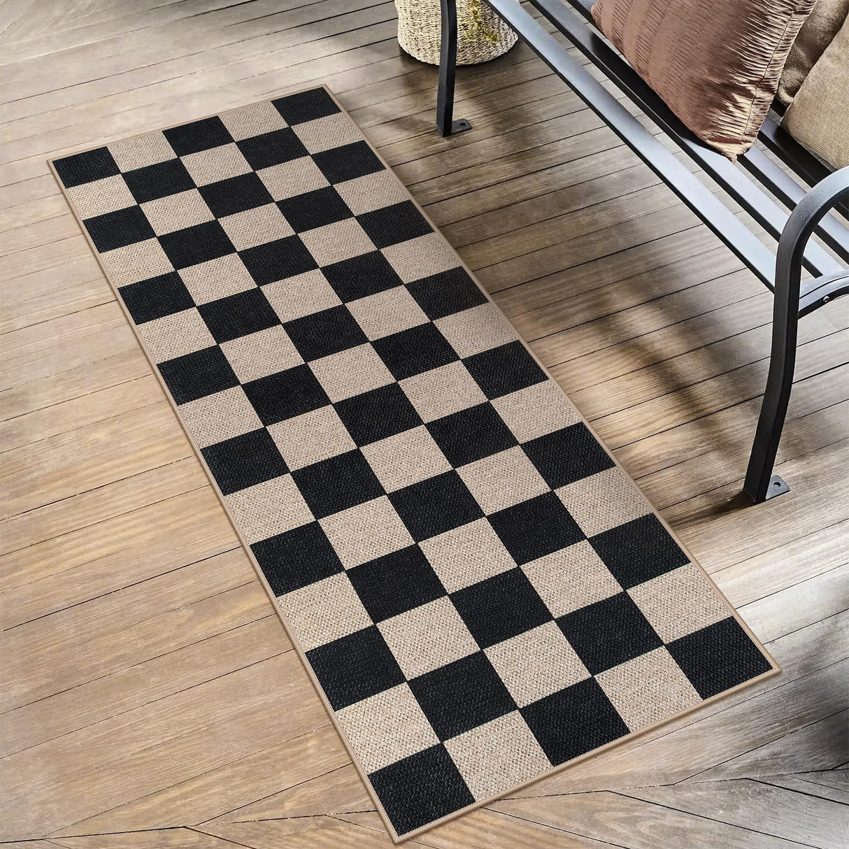 Checkered Easy Jute Runner Rug, 2x6 Hallway Kitchen Runner Rug Non Slip Washable