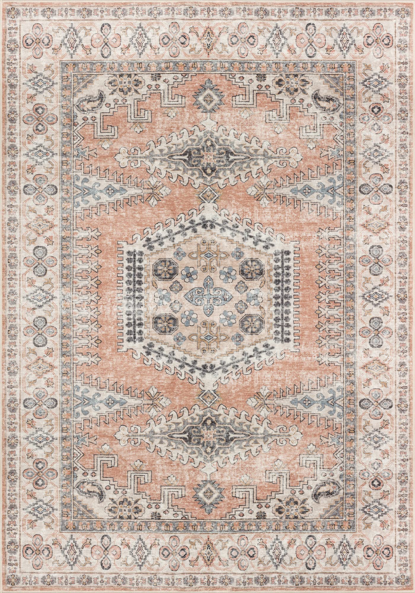 Valenrug Washable Rug 8x10 - Ultra-Thin Antique Collection Area Rug, Stain Resistant Rugs for Living Room Bedroom, Distressed Vintage Rug(Peach/Yellowish, 8'x10')
