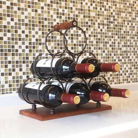 Countertop Wine Rack, Tabletop 6 Bottles Wood Wine Holder, Sturdy Handle