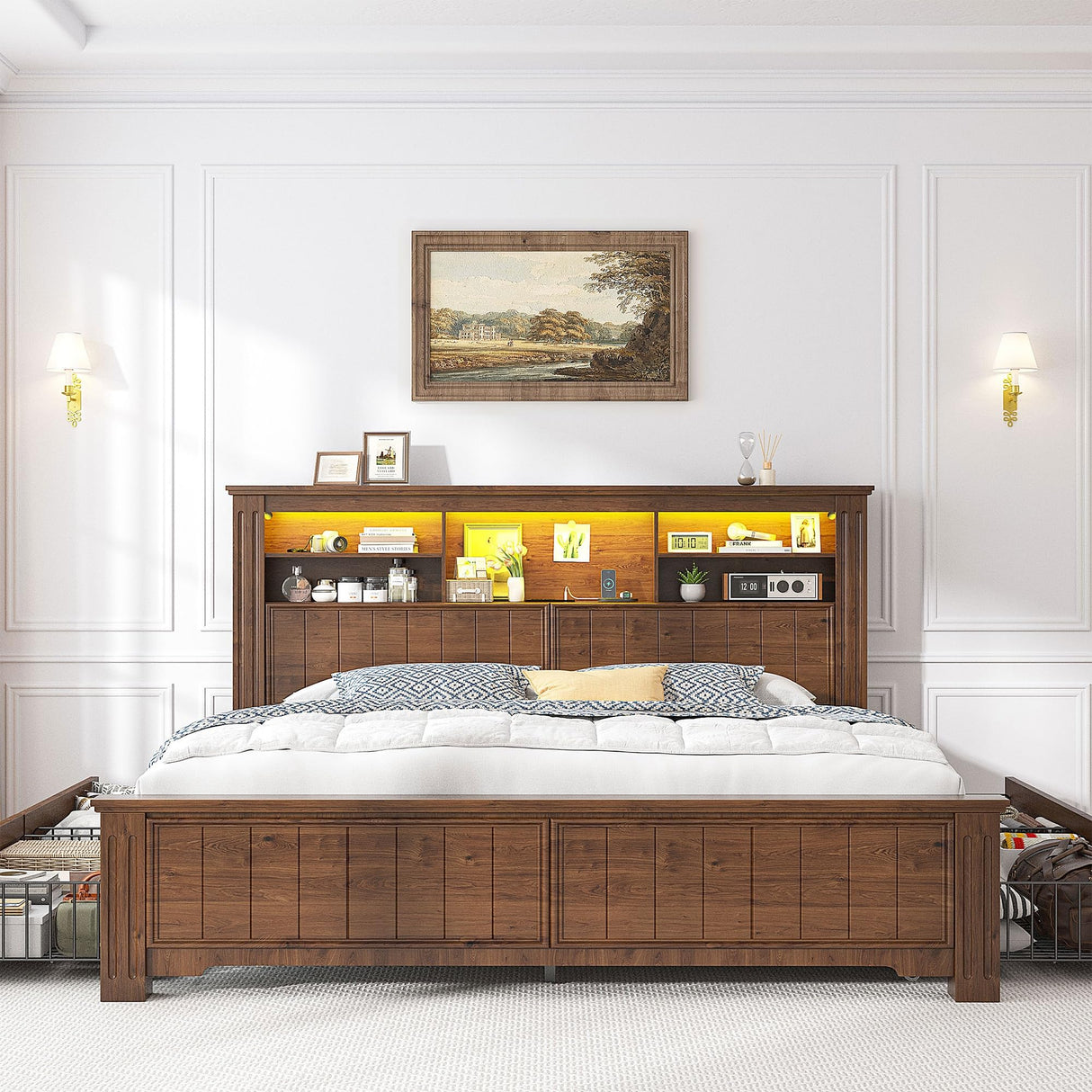 Headboard and Storage, 4 Drawers & LED & USB Bed Frame Queen Size with Storage