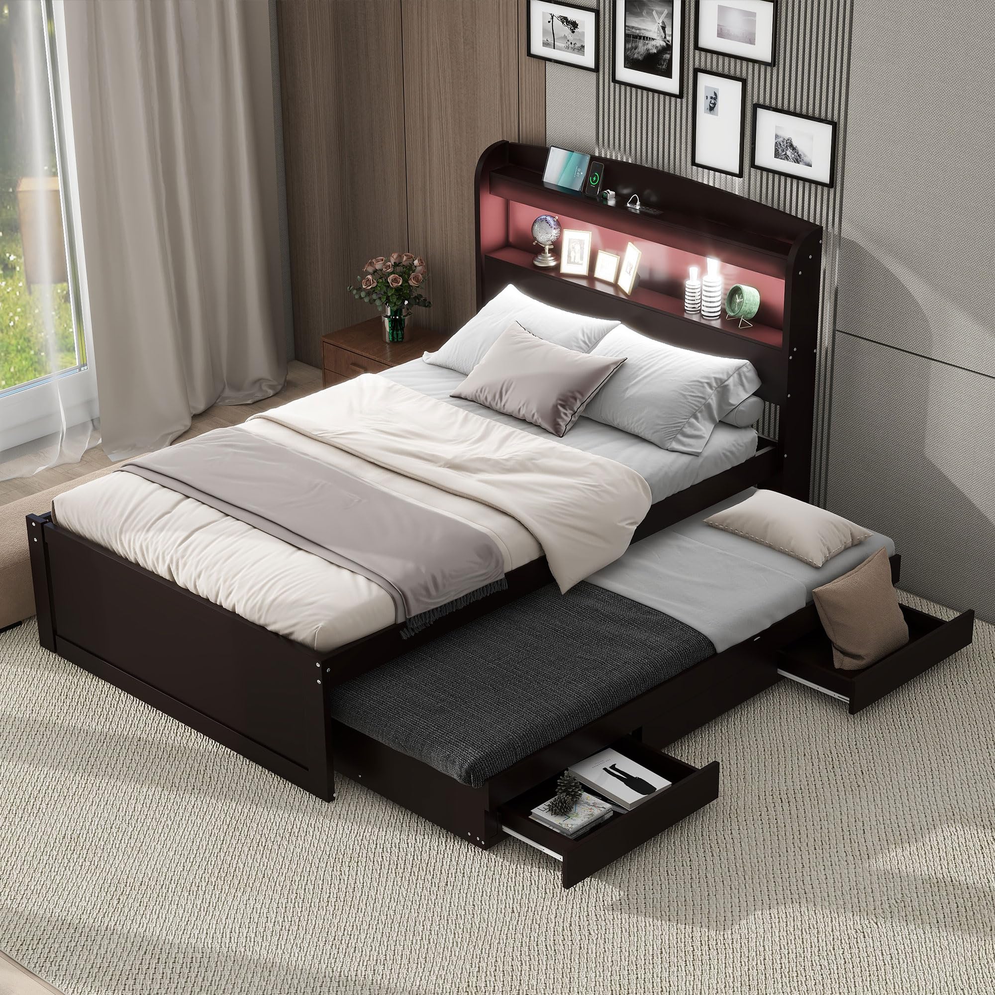 Merax Wood Platform Bed with Storage LED Headboard and USB Charging Station, Twin XL Size Bedframe with Twin Trundle Bed and 2 Drawers, Solid Wooden Slats Support, Easy Assembly, Dark Brown