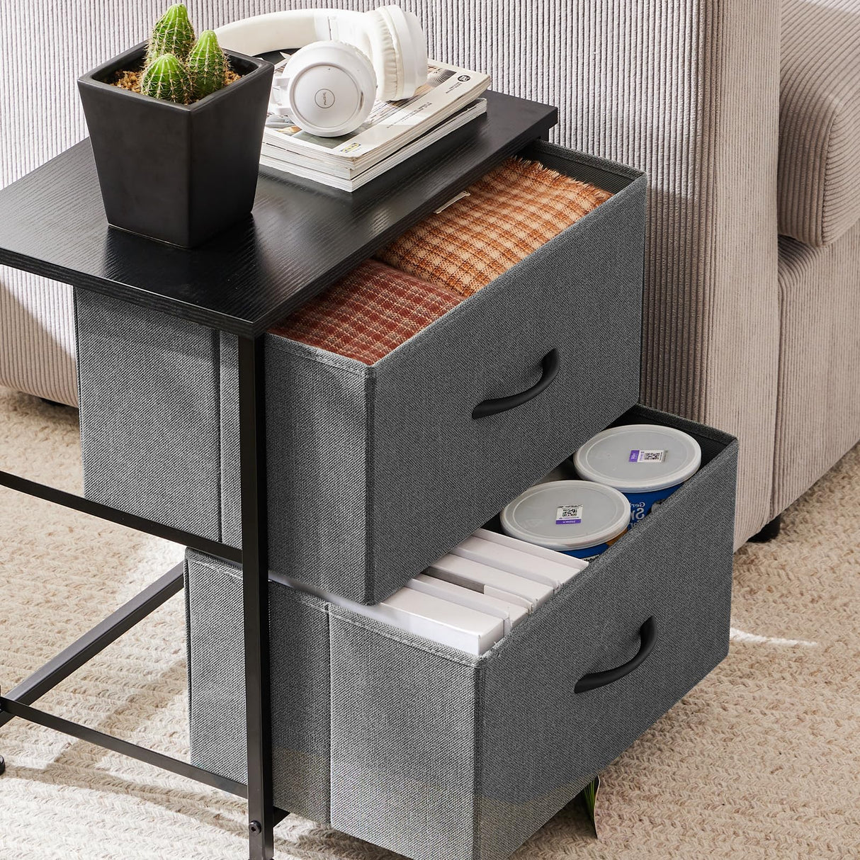 Nightstands Set of 2, Metal Frame and Wood Top Night Stand with 2 Drawer Dresser,