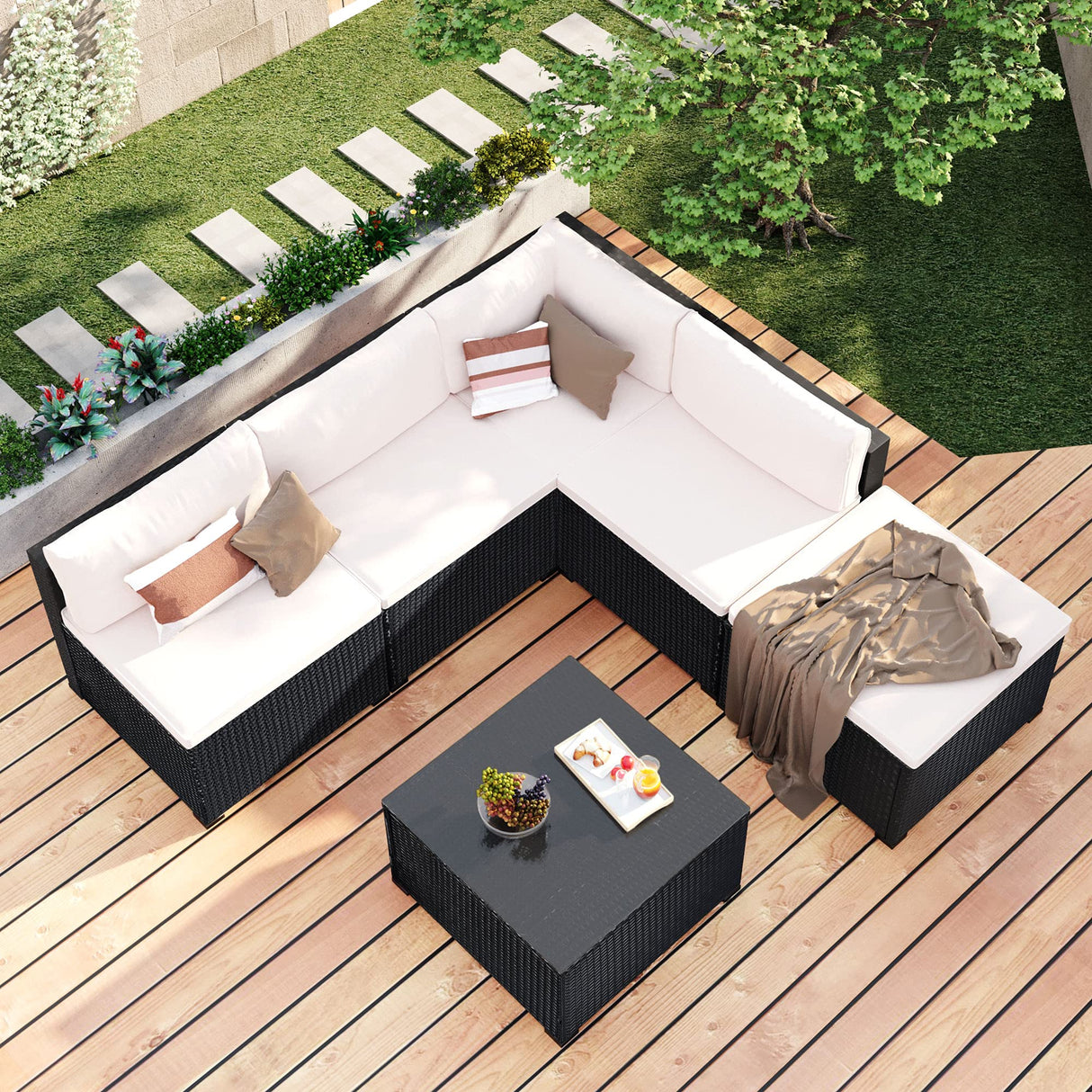 Outdoor Furniture Sofa Set PE Rattan Black Wicker, Patio Chaise Lounge Chair