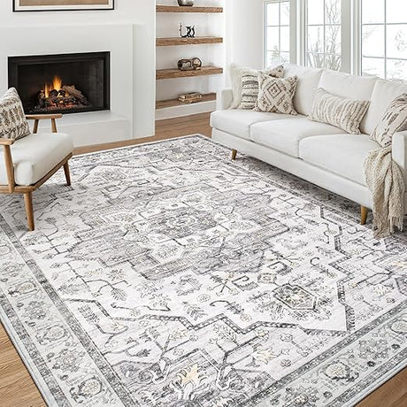 Washable Vintage Area Rug 9x12 - Soft Traditional Rug for Living Room