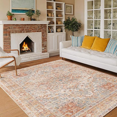 Washable Area Rugs 8x10 Living Room Boho Non Slip Thin Carpet Stain Resistant Vintage